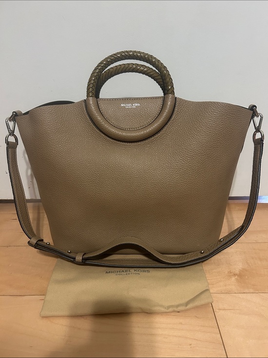 Michael Kors Collection Handbags - Michael Kors collection Olive-Tan Pebbled Leather Tote with Braided Handles